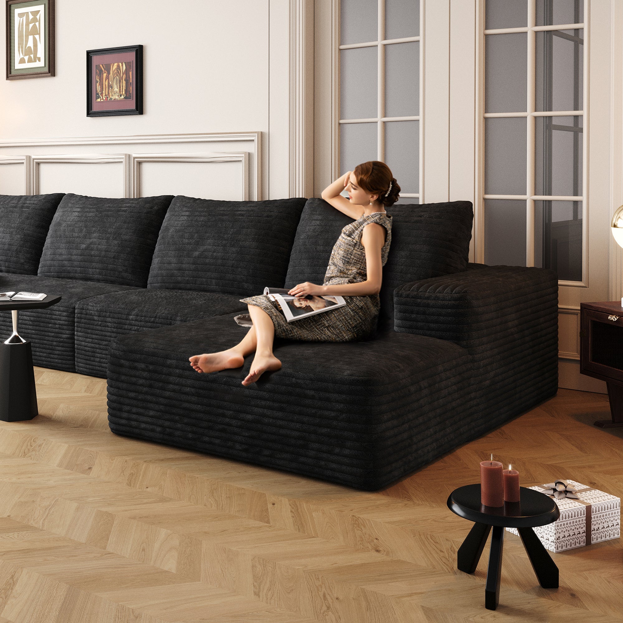 107' Cloud Sectional Couch with L-Shape Chaise,Modern Modular Sofa with Deep Seat, Upholstered Couches for Living Room Bedroom,No Assembly Required, BLACK(Plush Corduroy Fabric)