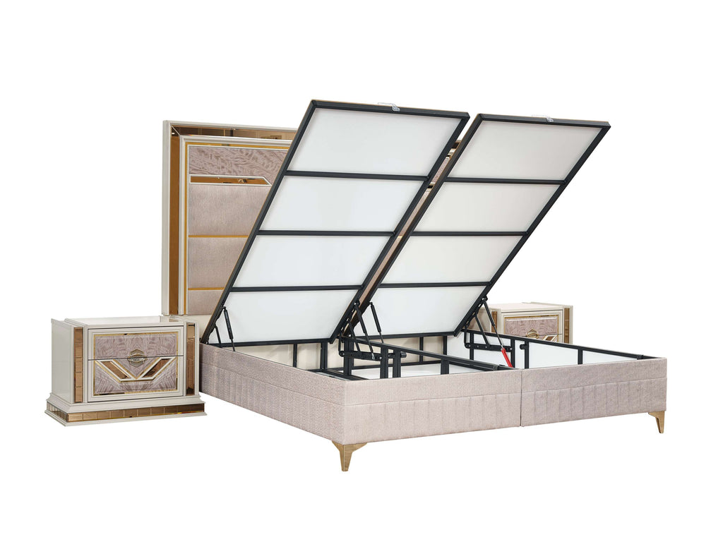 Omari Modern Style 4 Pc Queen Upholstered Bedroom Set Made with Wood and Gold Accents in Beige (NJ Inventory)