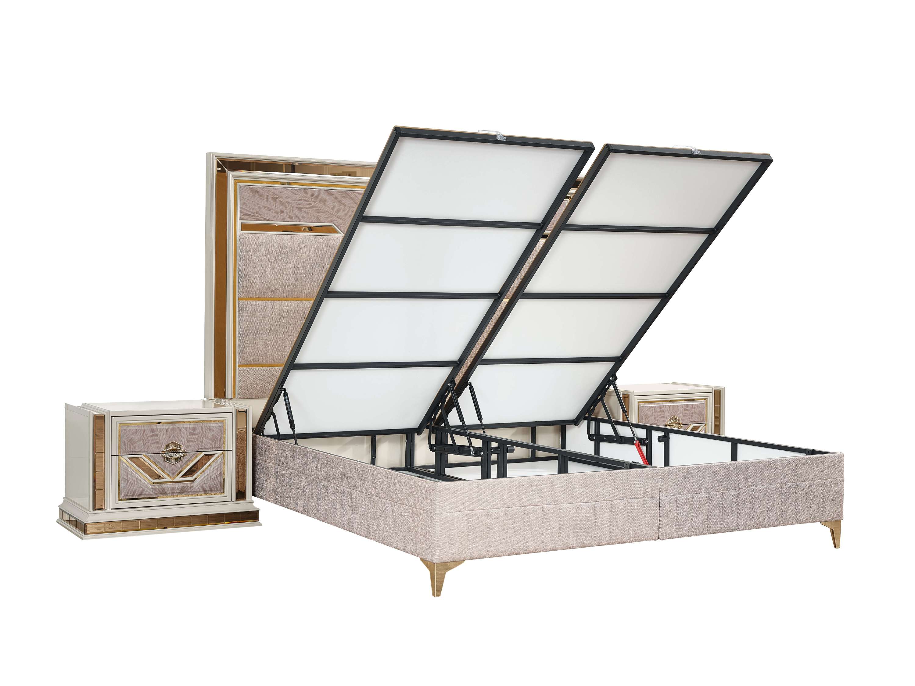 Omari Modern Style 4 Pc King Upholstered Bedroom Set Made with Wood and Gold Accents in Beige (CA Inventory)