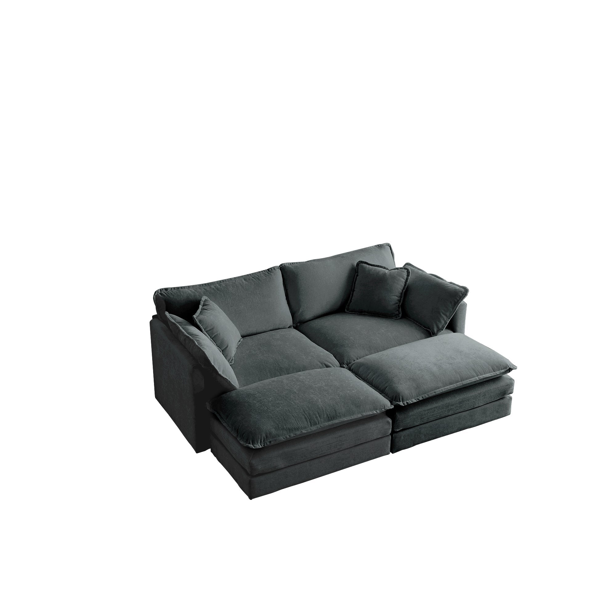 4 - Piece Upholstered Sectional Sofa, 1 - Piece of 2 Seater Sofa and 2- Piece of Ottomans , 2 Seater Loveseat Lounge with Ottomans , Gray Chenille