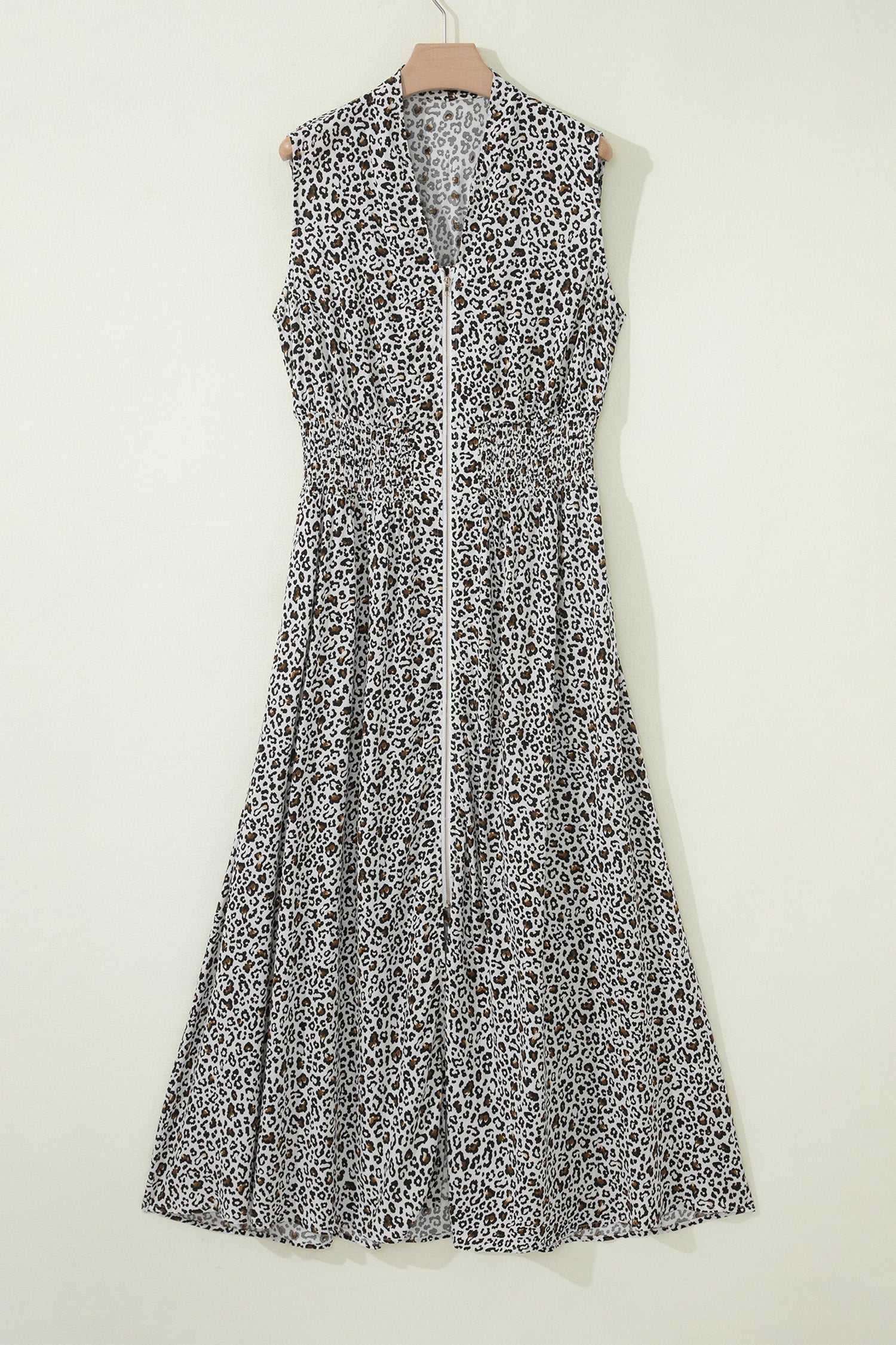 Leopard Zip Up V-Neck Cinched Waist Maxi Dress
