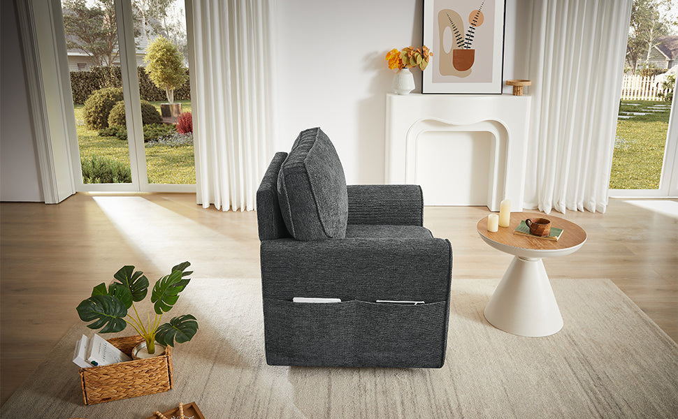 360° Swivel Chair Accent Barrel Armchair with Side Pockets, Grey Chenille, Compact Design for Living Room, Bedroom, Office