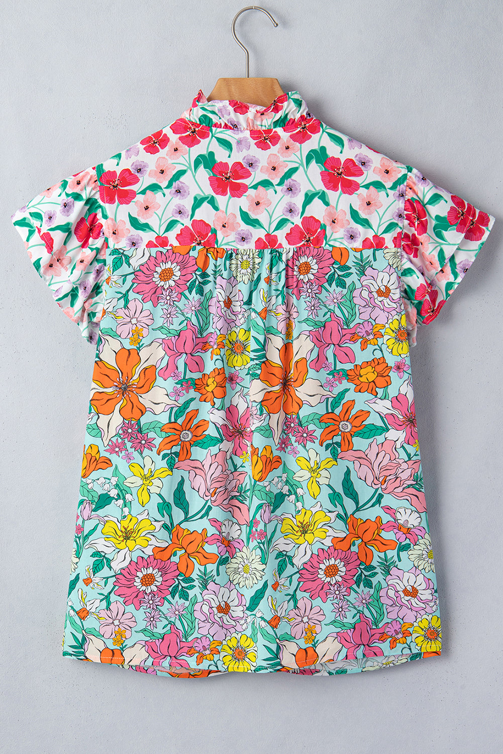Floral Flutter Sleeve Split Neck Buttoned Blouse