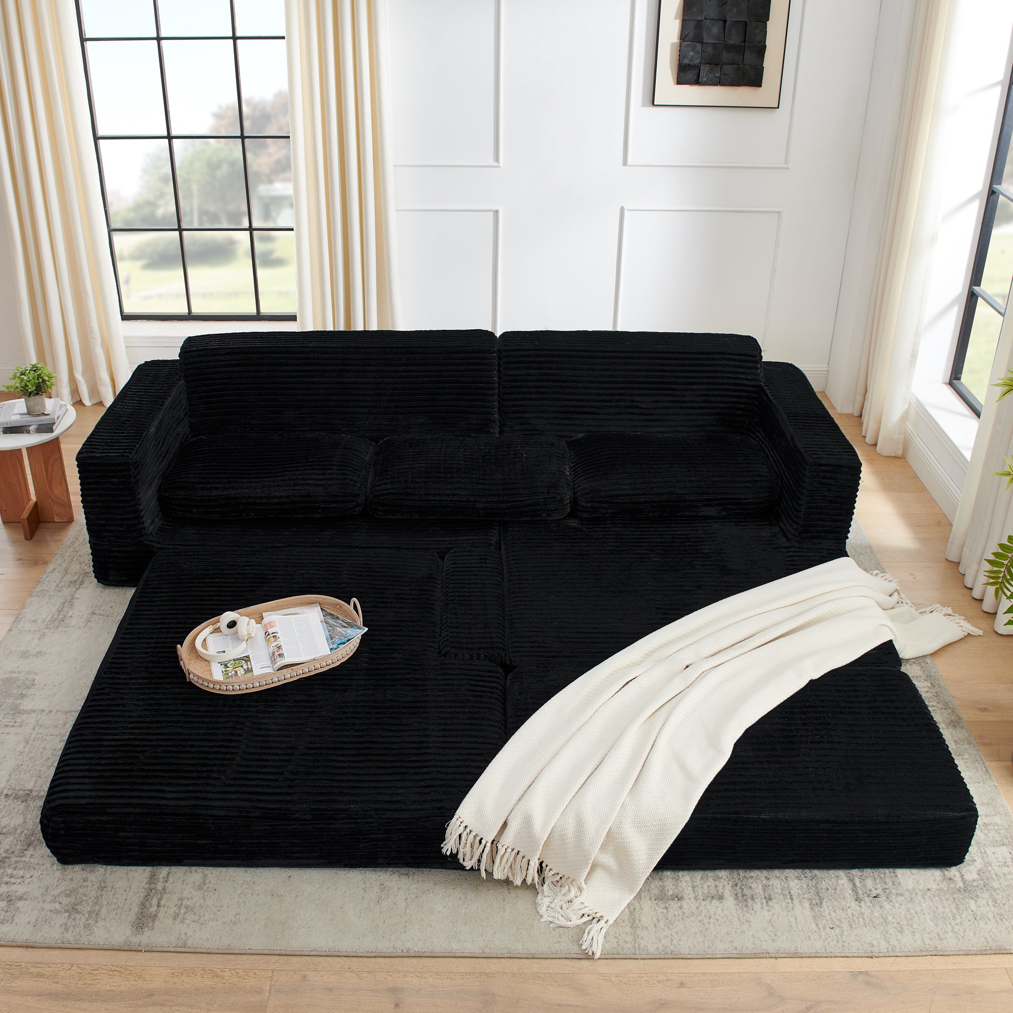 Modern Minimalist Style L Shape Modular Sectional Sofa with Corduroy Finish in Black