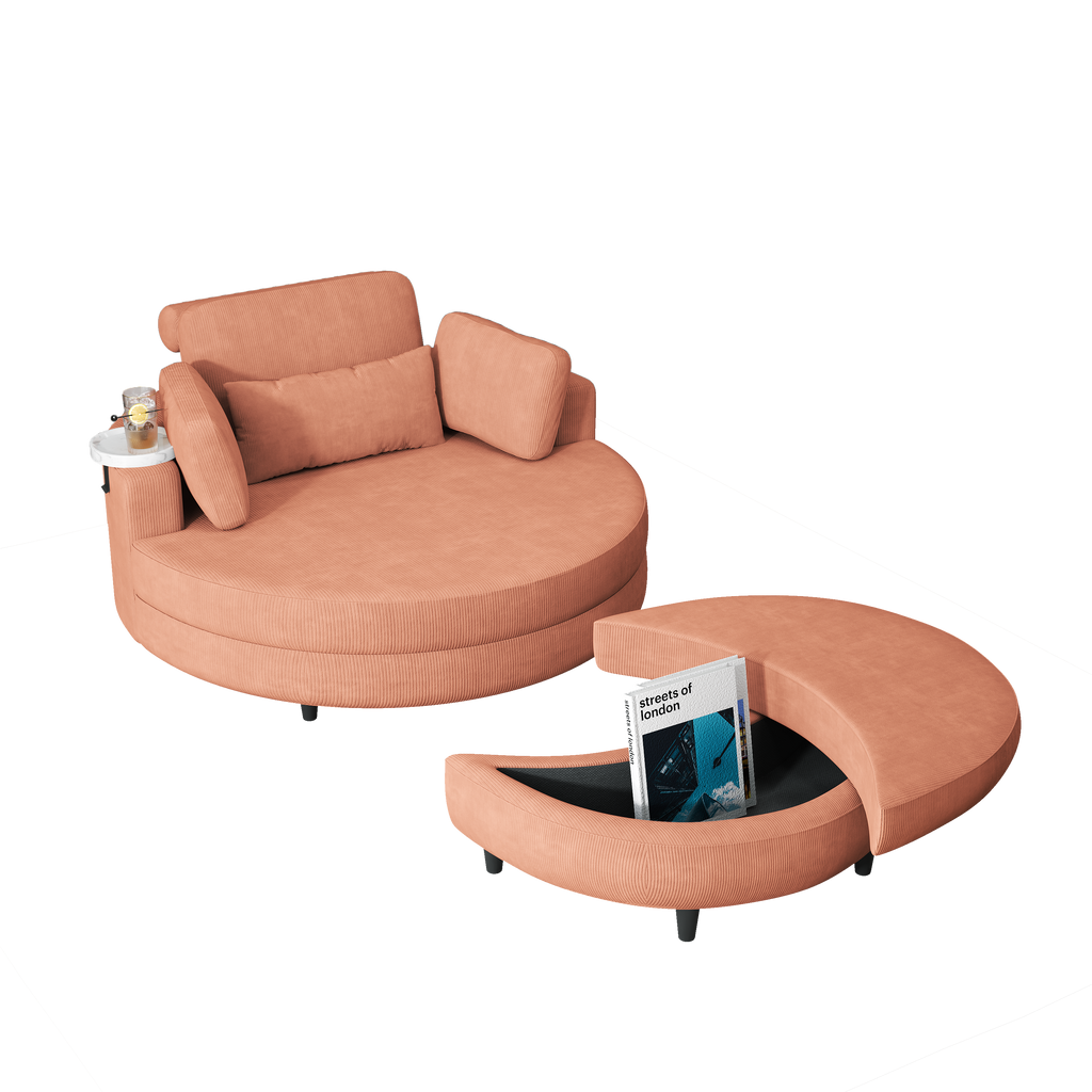 A 51-inch orange corduroy sofa with two throw pillows, a waist pillow and an extra tray is comfortable for a small apartment bedroom
