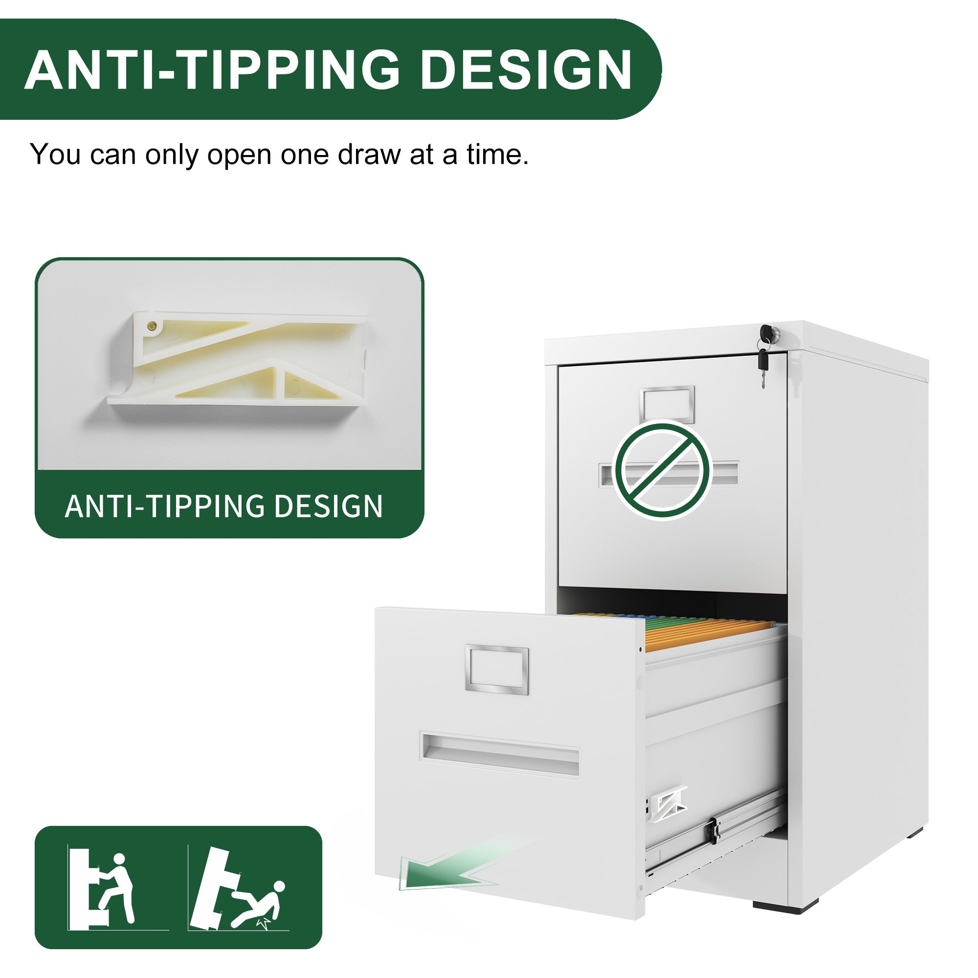 Premium 2 Drawer File Cabinet with Lock, Metal Vertical Design, A4 Legal/Letter Size, White Steel, Compact Dimensions