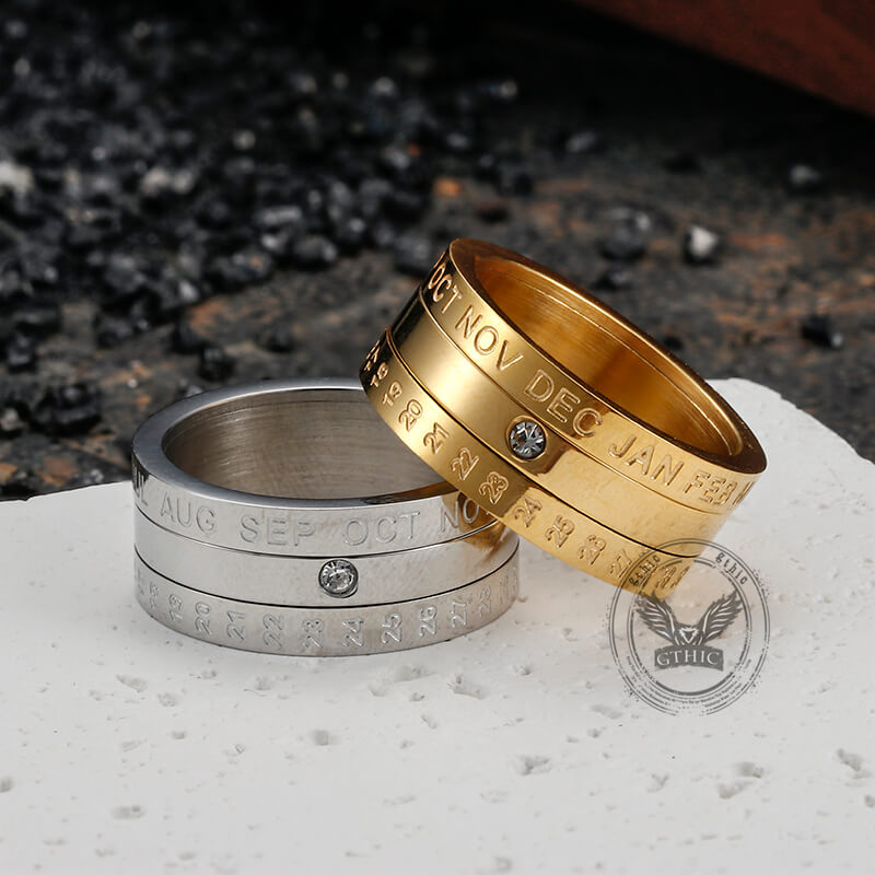 Calendar Diamond Stainless Steel Spinner Ring
