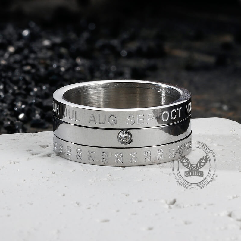 Calendar Diamond Stainless Steel Spinner Ring
