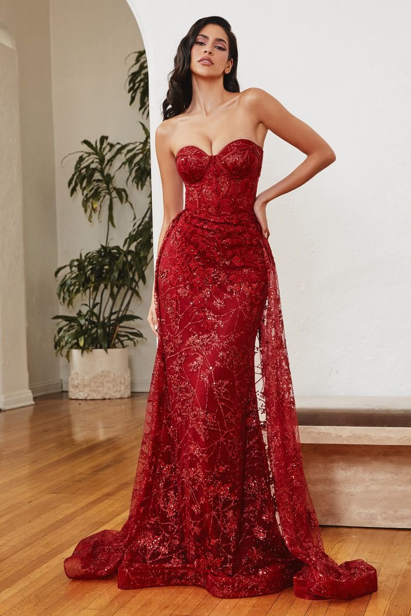 Dusty Blue, Red, Green Strapless Glitter Lace Gown with Detachable Overskirt  CDCB046