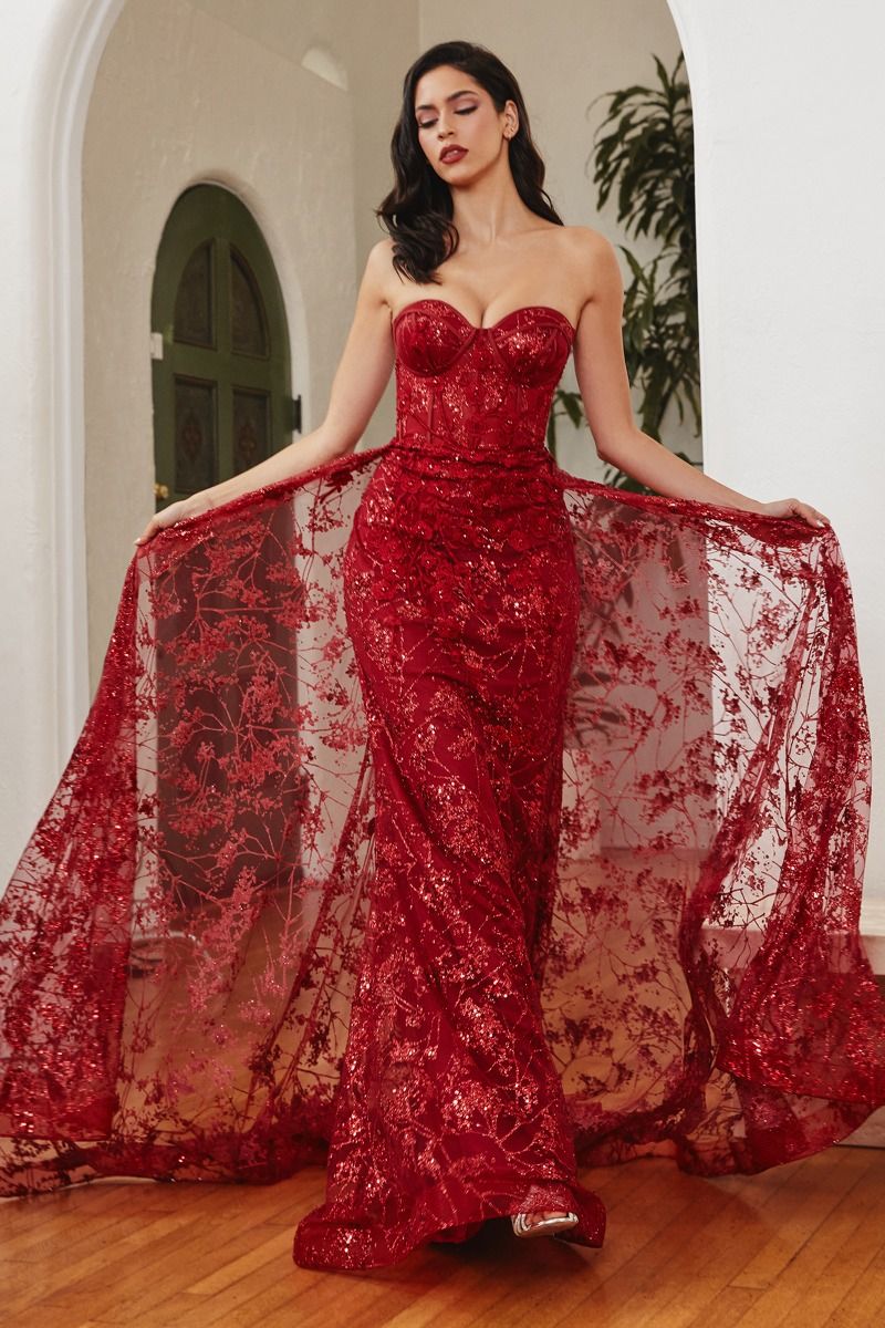 Dusty Blue, Red, Green Strapless Glitter Lace Gown with Detachable Overskirt  CDCB046