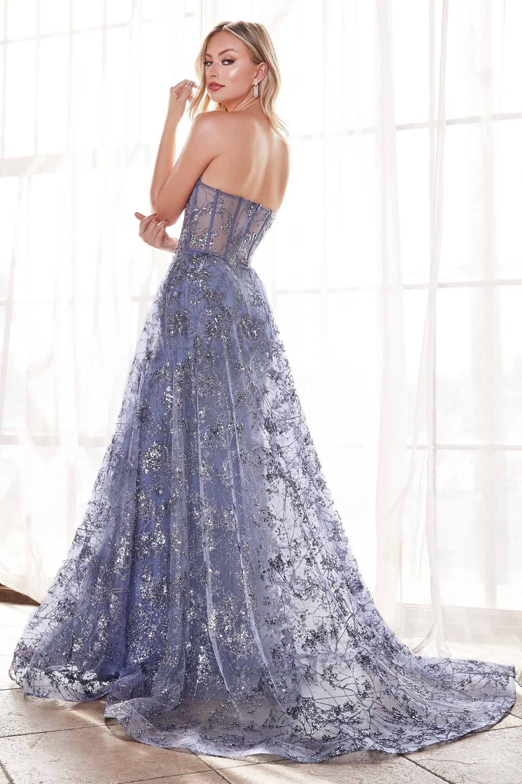 Dusty Blue, Red, Green Strapless Glitter Lace Gown with Detachable Overskirt  CDCB046