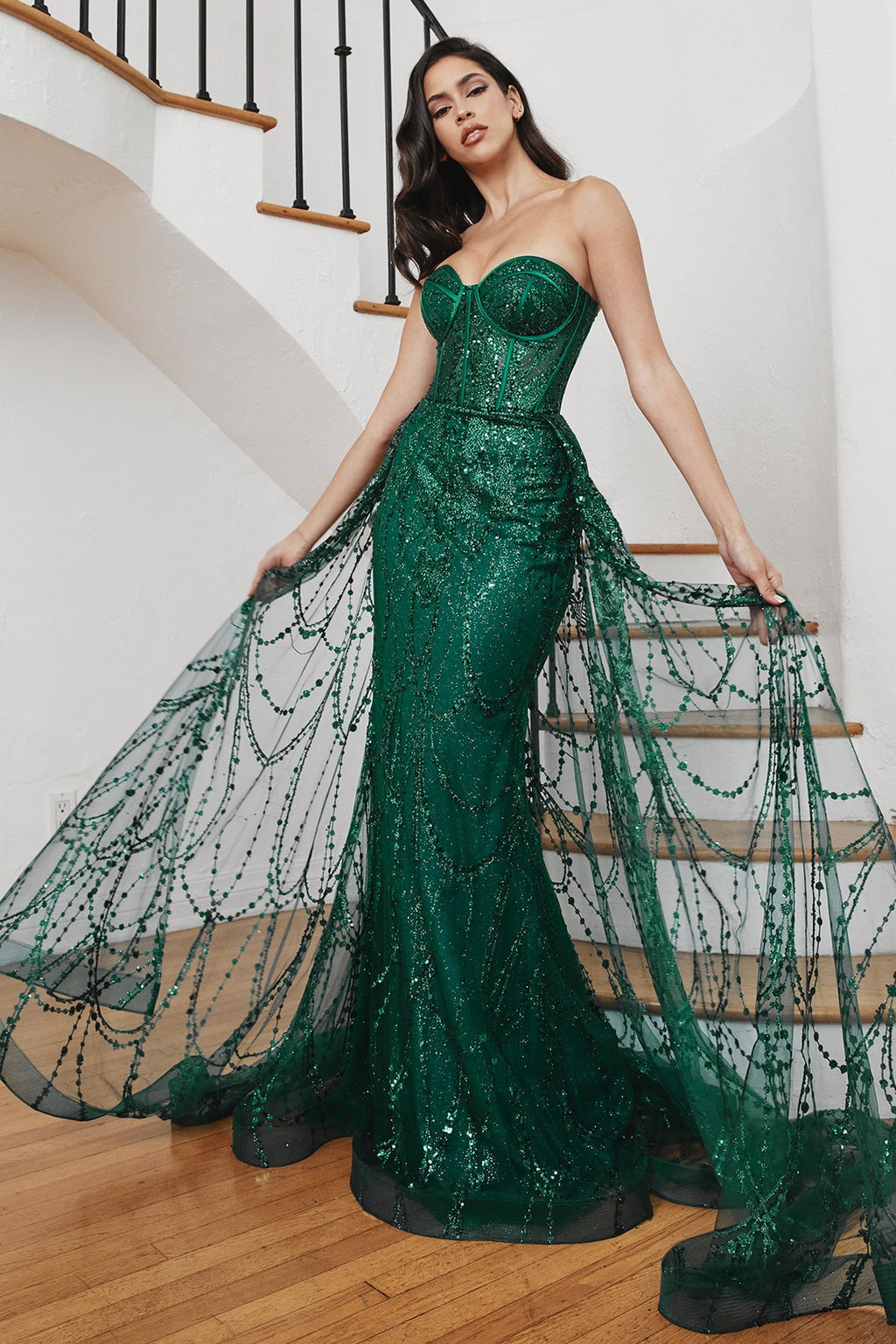 Beaded Corset Mermaid Gown with Detachable Overskirt – Strapless Formal Dress with Glitter Tulle CDCB095