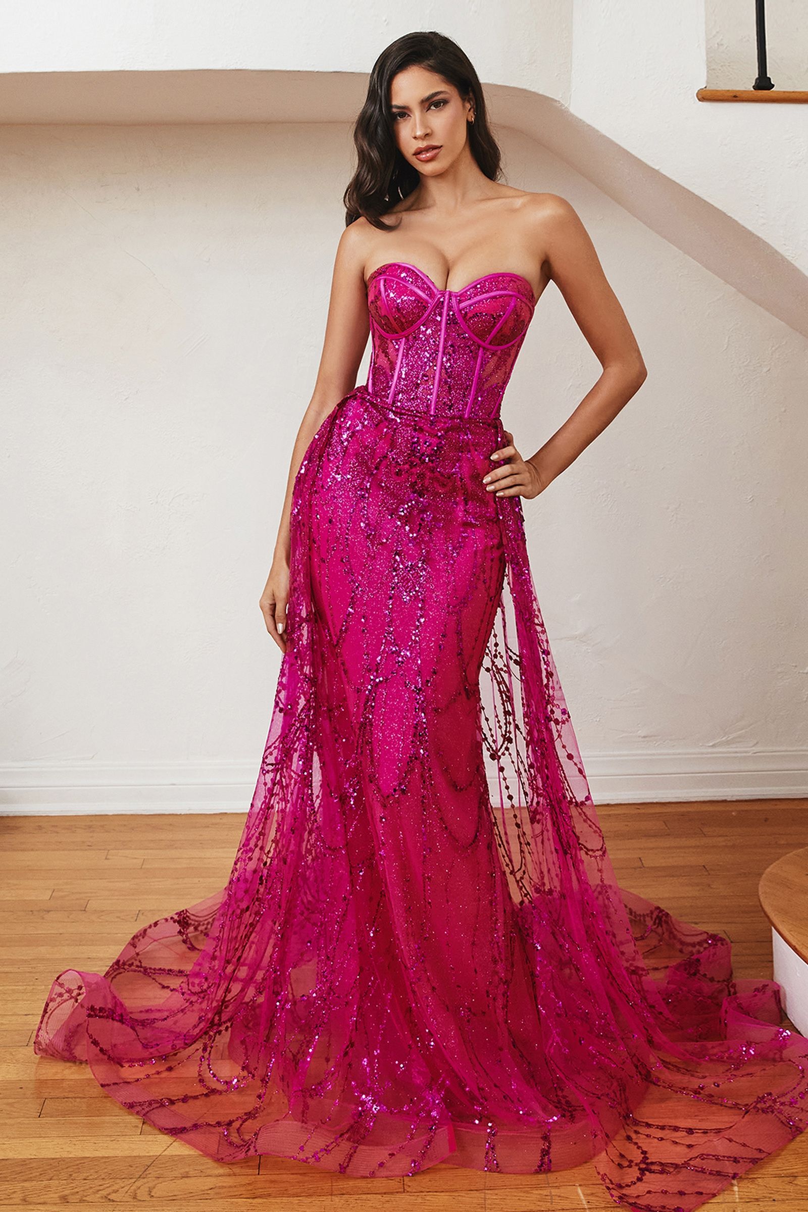 Beaded Corset Mermaid Gown with Detachable Overskirt – Strapless Formal Dress with Glitter Tulle CDCB095