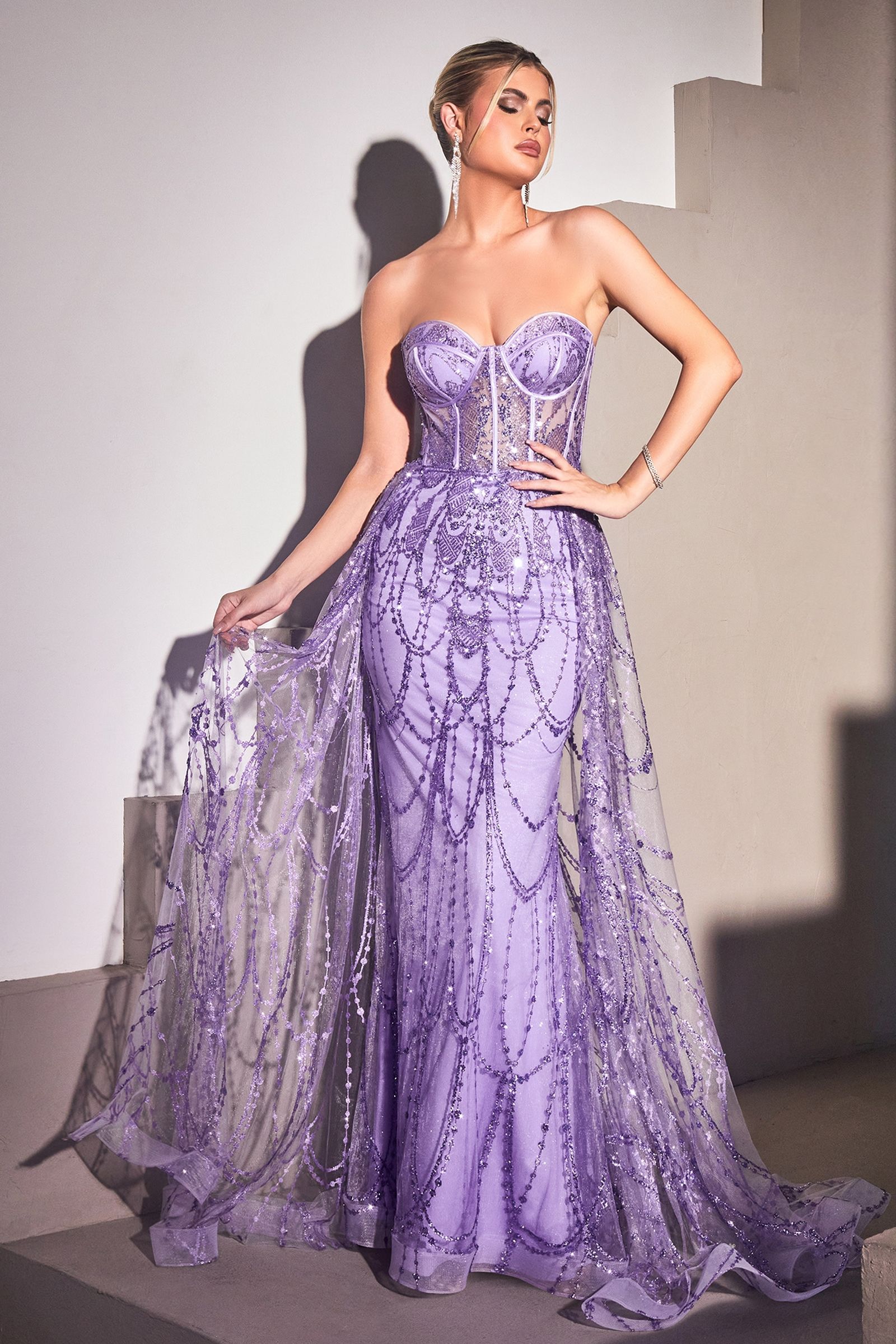 Beaded Corset Mermaid Gown with Detachable Overskirt – Strapless Formal Dress with Glitter Tulle CDCB095