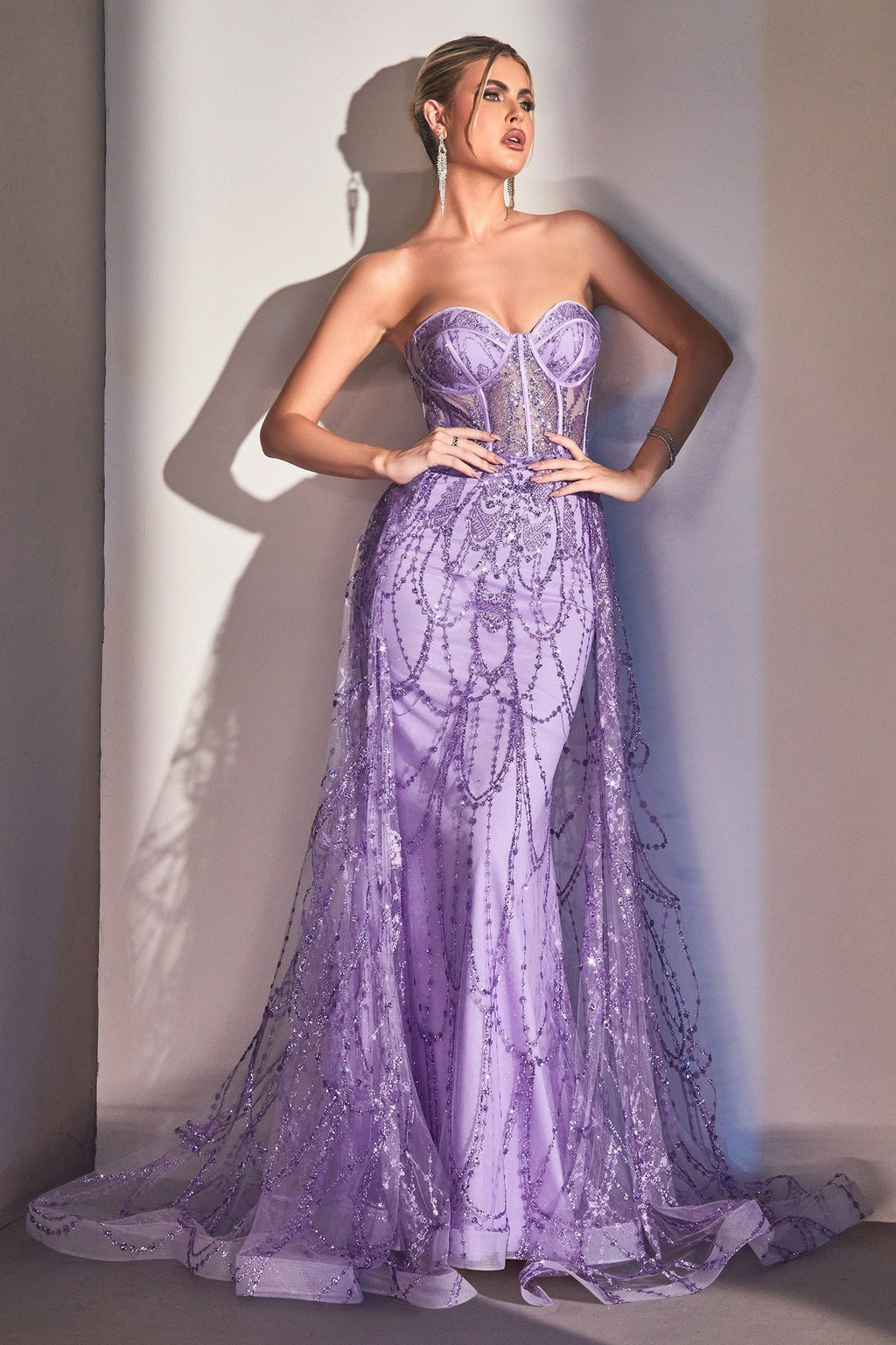 Beaded Corset Mermaid Gown with Detachable Overskirt – Strapless Formal Dress with Glitter Tulle CDCB095