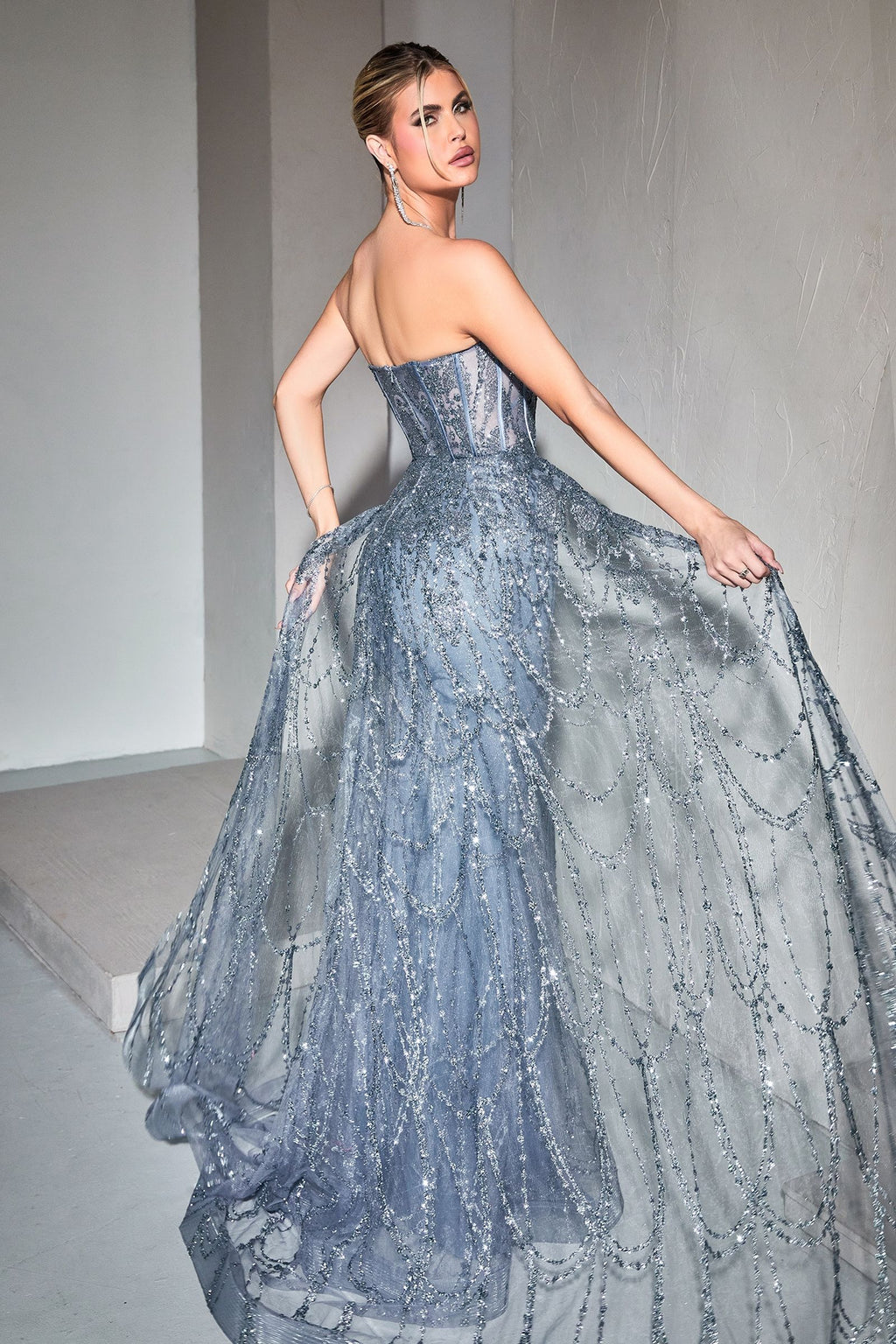 Beaded Corset Mermaid Gown with Detachable Overskirt – Strapless Formal Dress with Glitter Tulle CDCB095
