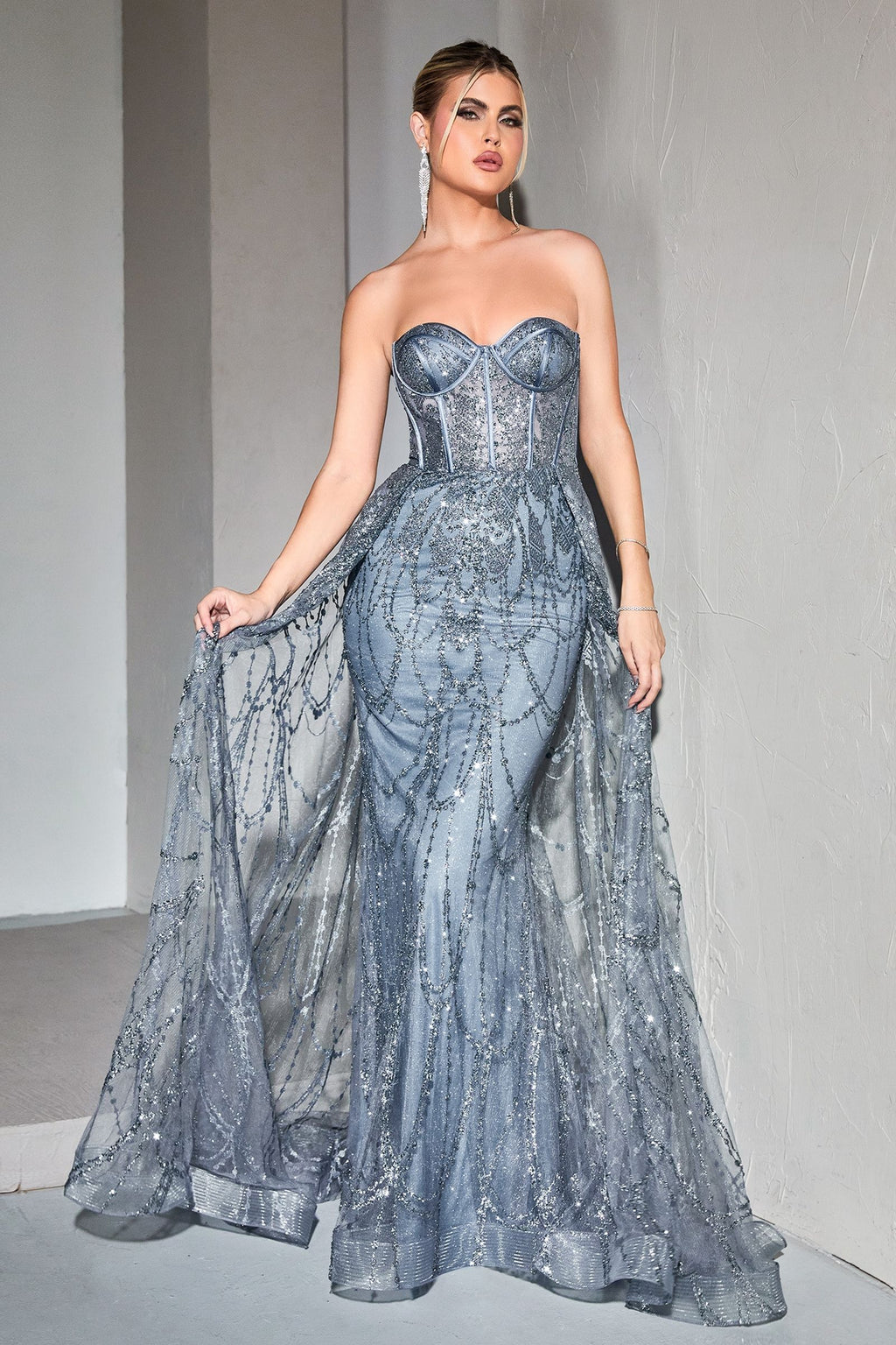 Beaded Corset Mermaid Gown with Detachable Overskirt – Strapless Formal Dress with Glitter Tulle CDCB095