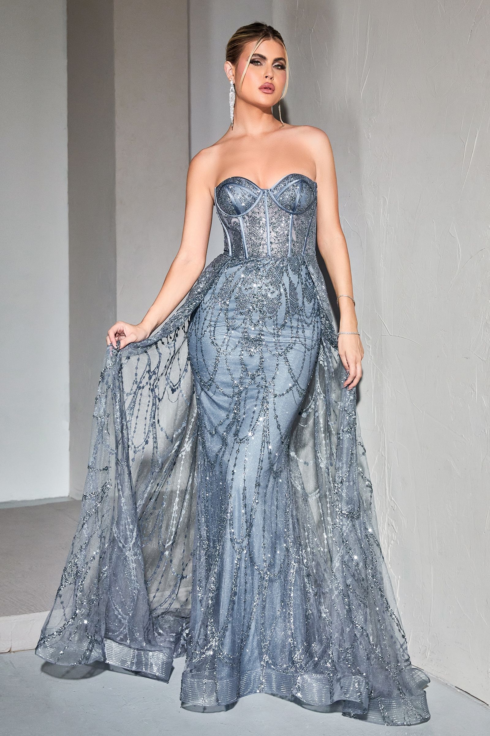 Beaded Corset Mermaid Gown with Detachable Overskirt – Strapless Formal Dress with Glitter Tulle CDCB095