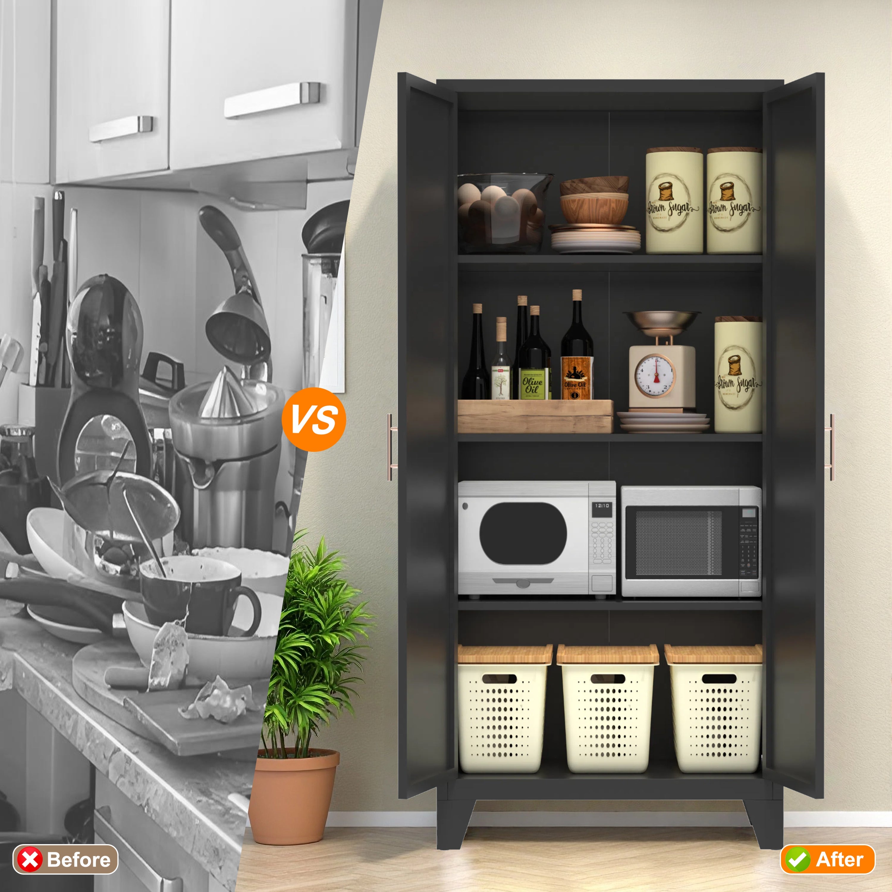 61'' 2 Shapely Doors Cabinet, Metal Storage Cabinet with Doors and Adjustable Shelves, for Bedroom, Living Room(Black)