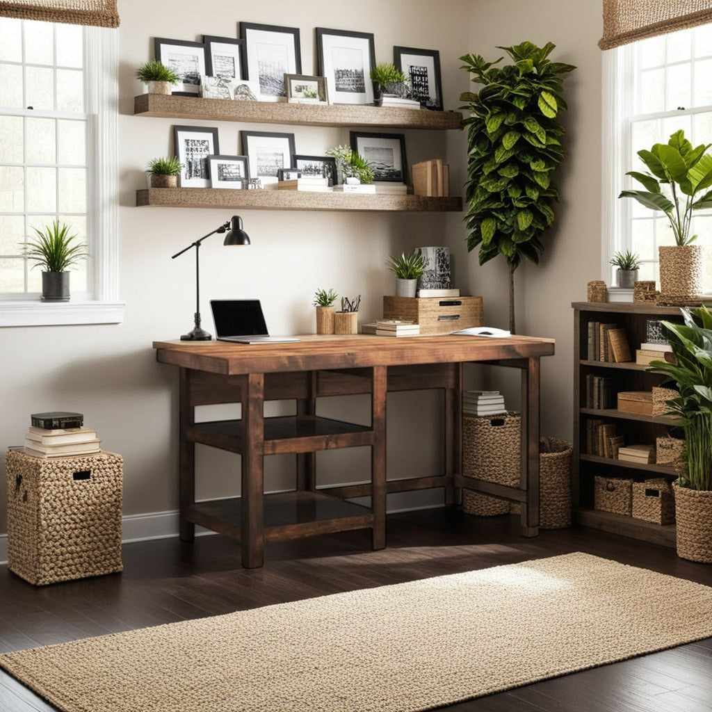 60 inch Workstation Desk, No Assembly Required, Whiskey Finish