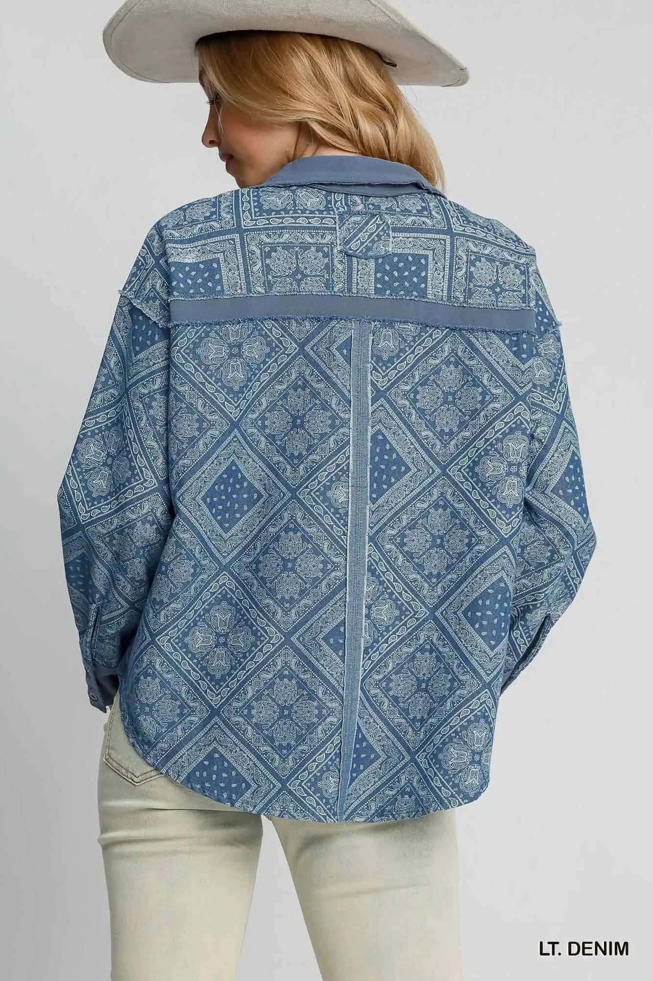 Umgee Paisley Print Denim Shirt Jacket