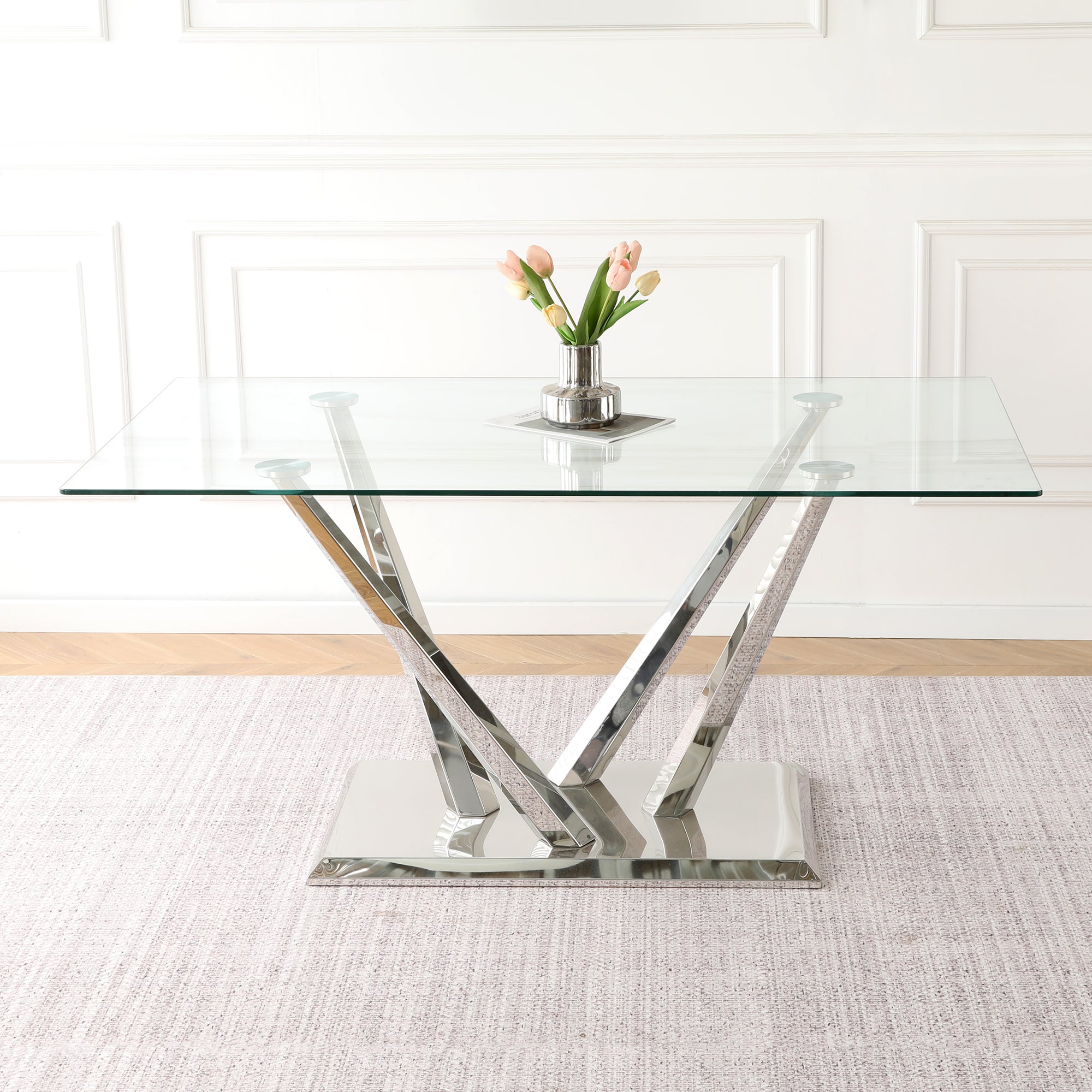 Modern style glass dining table, elegant transparent design, sturdy stainless steel base, Light gray dining chairs set, electroplated chair legs, suitable for dining room and kitchen (set of 7)