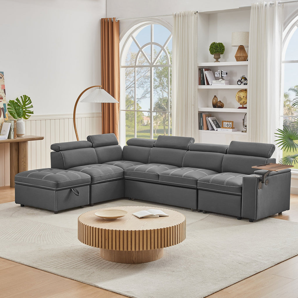 Grey Fabric Sectional Sofa with Storage Ottoman