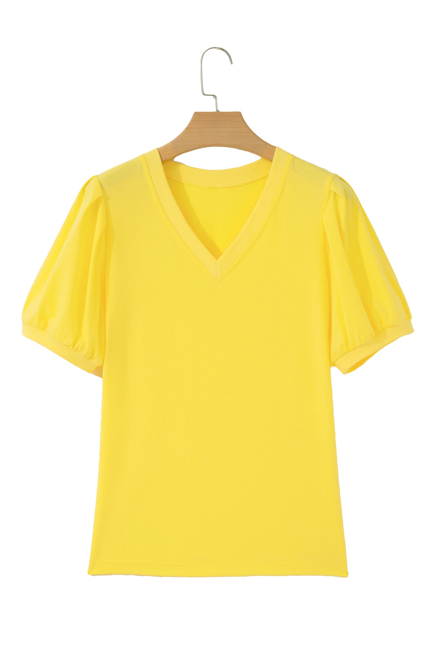 Solid V-Neck Short Puff Sleeve Blouse