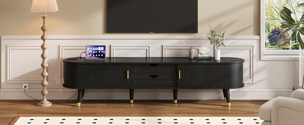 [Assembly Video]Wooden Oval Fluted TV Stand with Charging Station for TV up to 80', Mid-Century Media Console with Sliding Tambour Door, Farmhouse TV Cabinet with Golden Handle for Living Room, Black