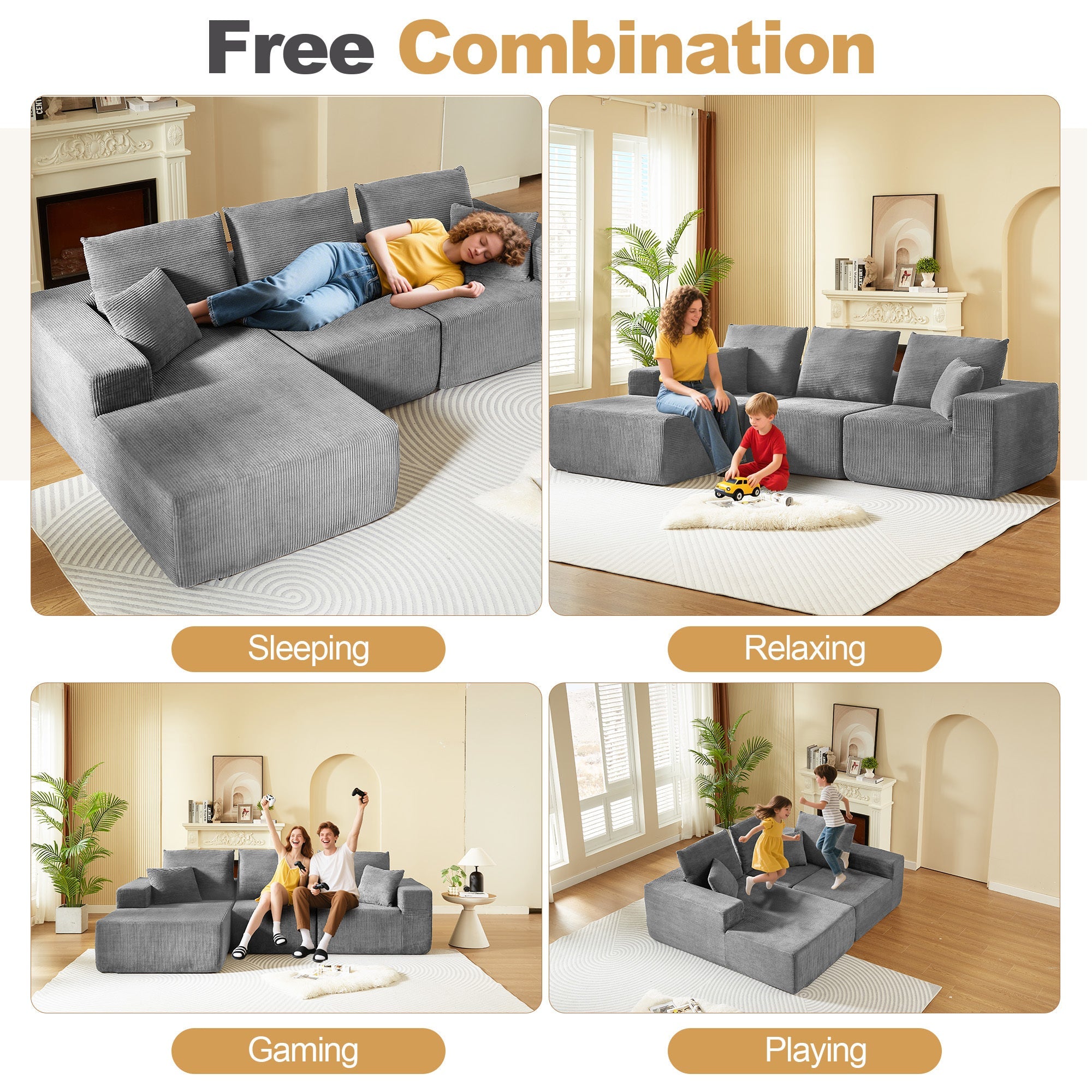 Modular Sectional Sofa with Chaise, Modern L Shaped Cloud Couch with Deep Seat, Sectional Couches for Living Room, Bedroom, Office, No Assembly Required