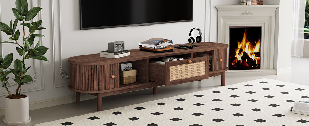 Modern Design TV Stand for 75' TVs, Media Console TV Cabinet with Rattan-Front Drawer for Living Room, 1 Drawer and 2 Sliding-Door Cabinets
