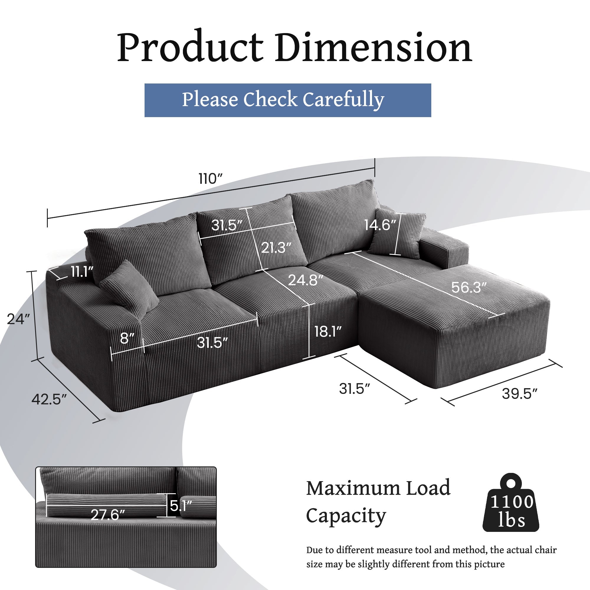 '110' L-Shaped Sectional Sofa, Full-Compression 3-Seater Cloud Couch with Chaise, No Assembly Required Sofa for Living Room, Ultra-Soft Deep Seat Modular Sofa(Corduroy, Grey)