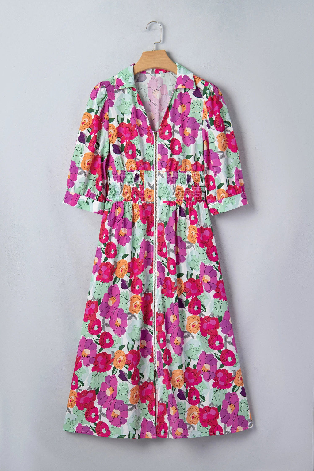 Floral Zip-Up V-Neck Short Puff Sleeve Dress
