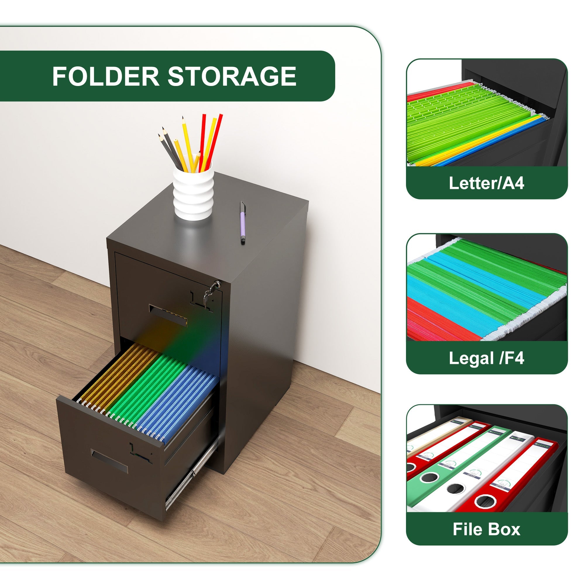 Modern Black 2 Drawer Metal Vertical File Cabinet with Lock and Card Slot for Office and Home Use