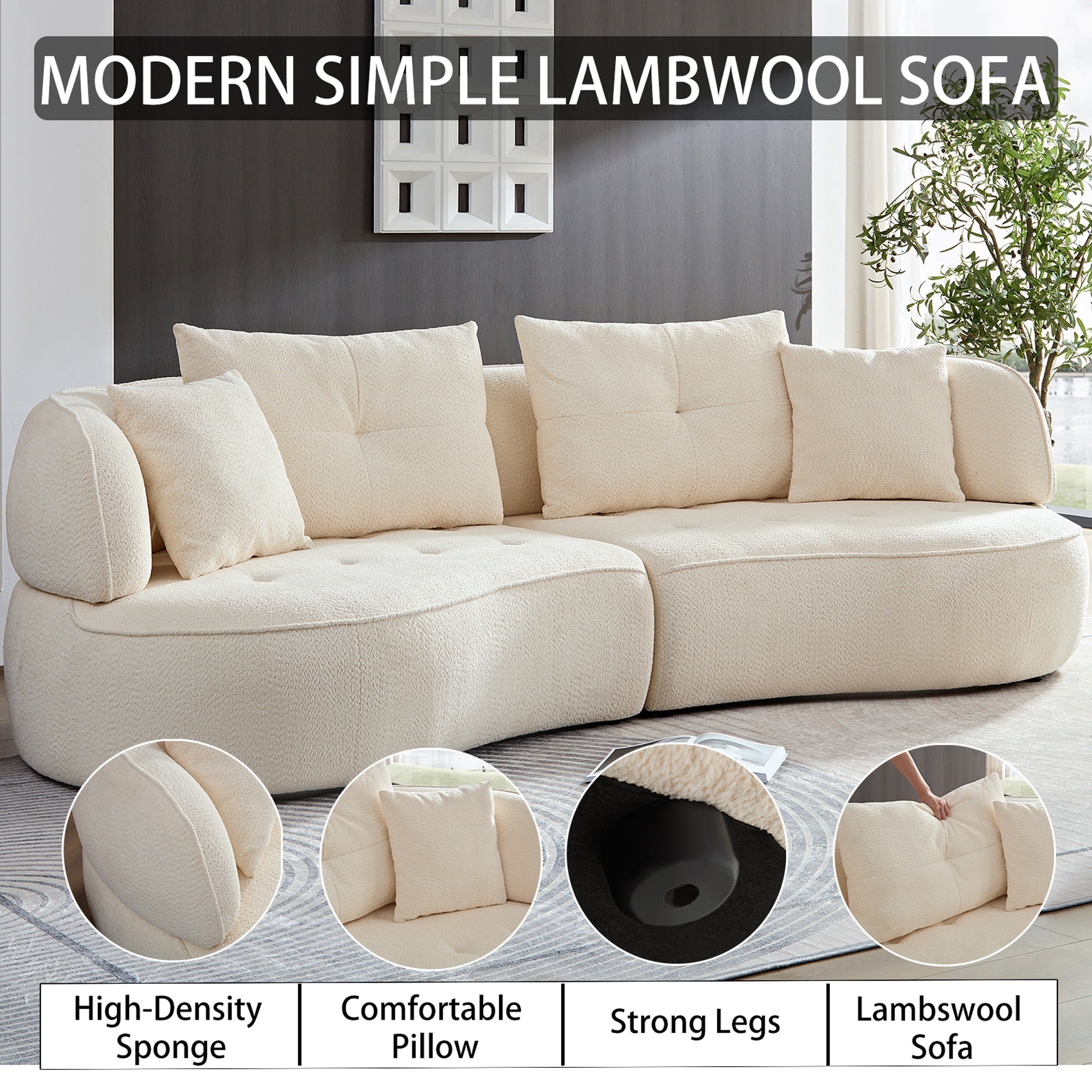 WKS7W 4-Seat Modular Sofa with Removable Pillows in White Durable Fabric and Solid Wood Frame