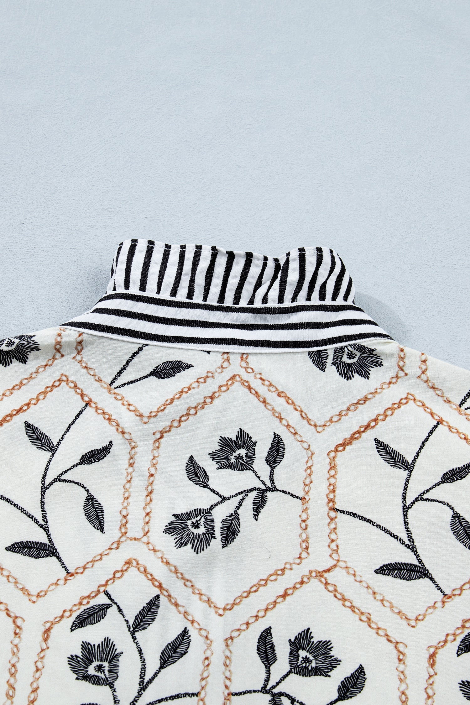 Floral Stripe Patchwork Ruffle Buttoned Short Sleeve Blouse