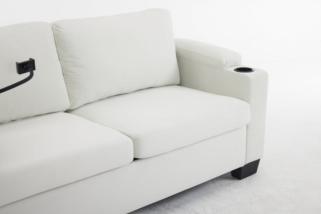 Pull-out sofa bed, chenille material, pull-out queen sofa bed, with USB charging, mobile phone holder, memory sofa, removable and washable cushions, suitable for living room, bedroom, apartment, white