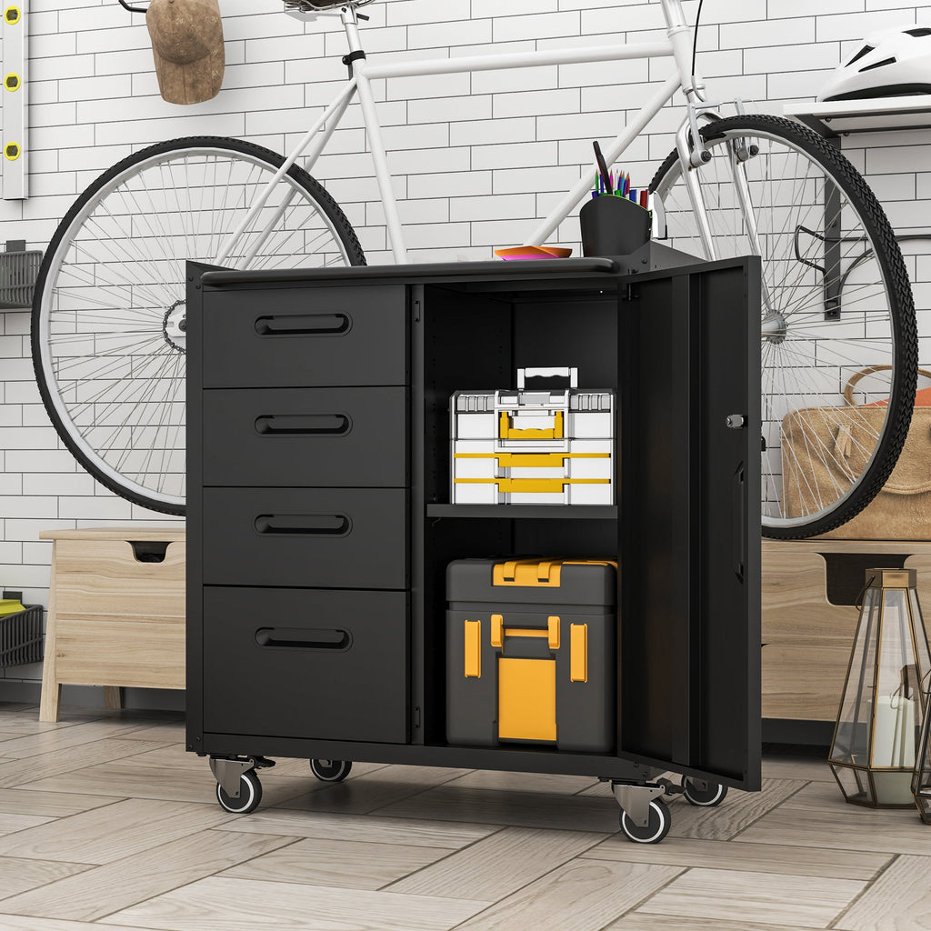 Sturdy Metal Tool Storage Cabinet with Wheels - Heavy-Duty Garage and Office Organizer, Black/Gray, Steel
