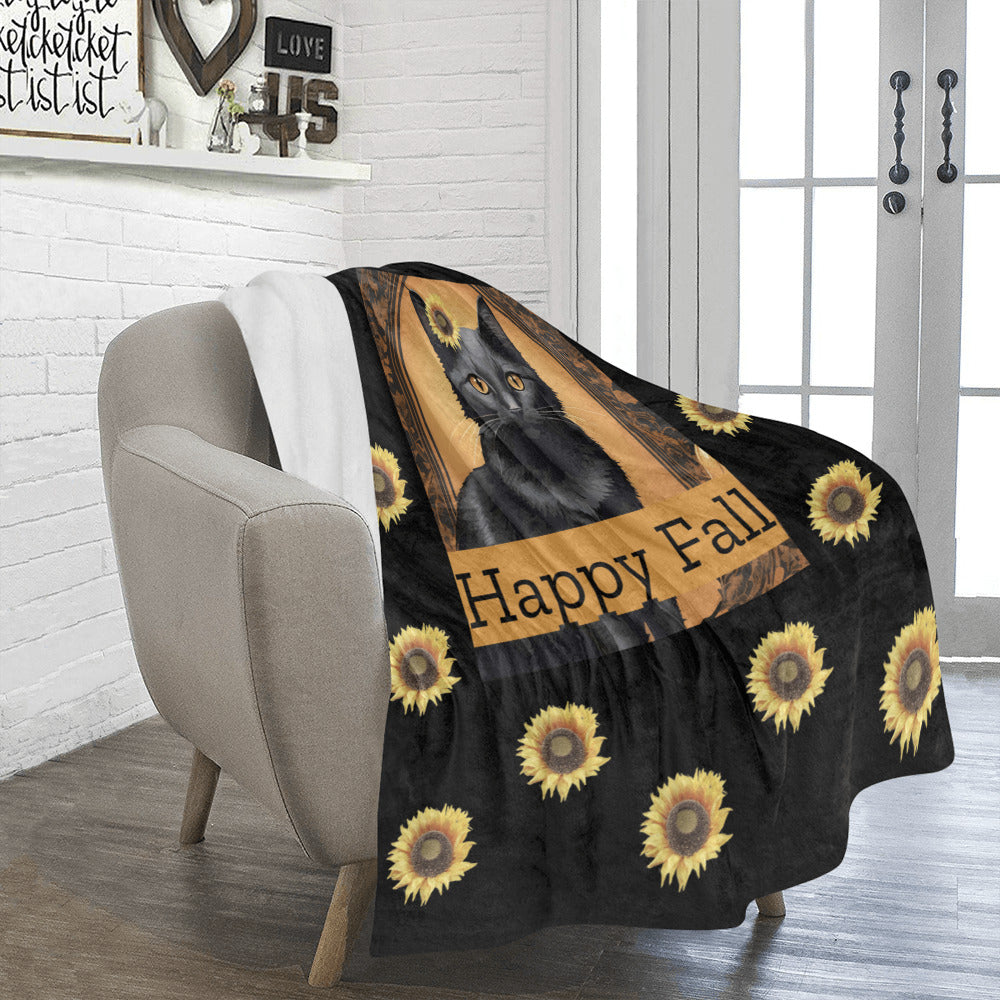 Happy Fall Black Cat with Sunflowers Ultra-Soft Micro Fleece Blanket 50" x 60"(Made in USA)