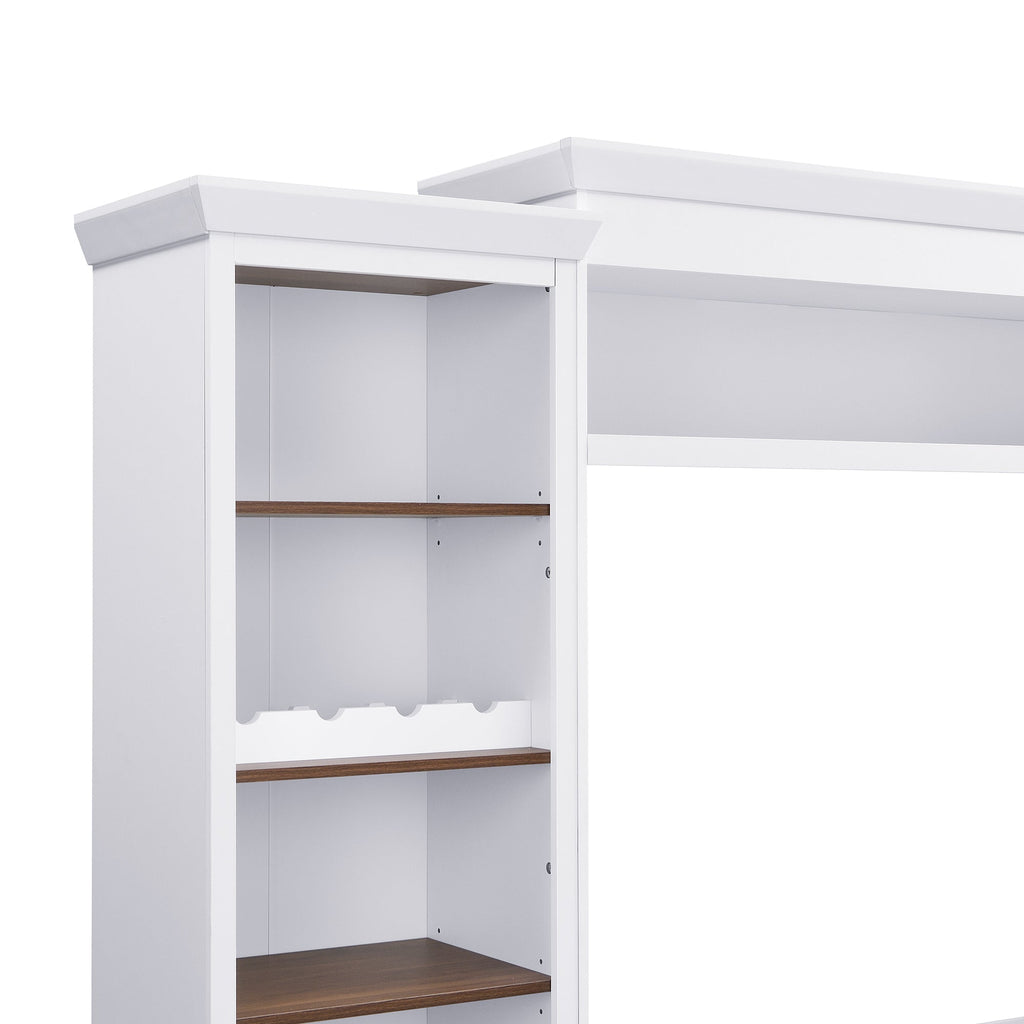 ON-TREND Farmhouse 4-Piece Entertainment Wall Unit Set with Bookshelf for TVs Up to 70', Walnut TV Stand with Adjustable Shelves, Mid-Century Large Media Console with Wine Rack for Living Room, White