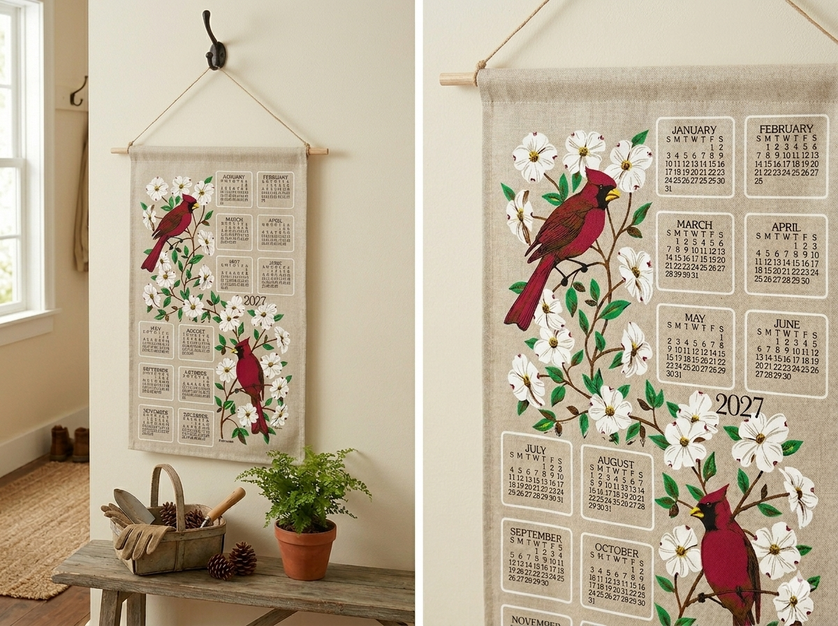 2027 Linen Calendar Towel - Dogwood and Cardinal
