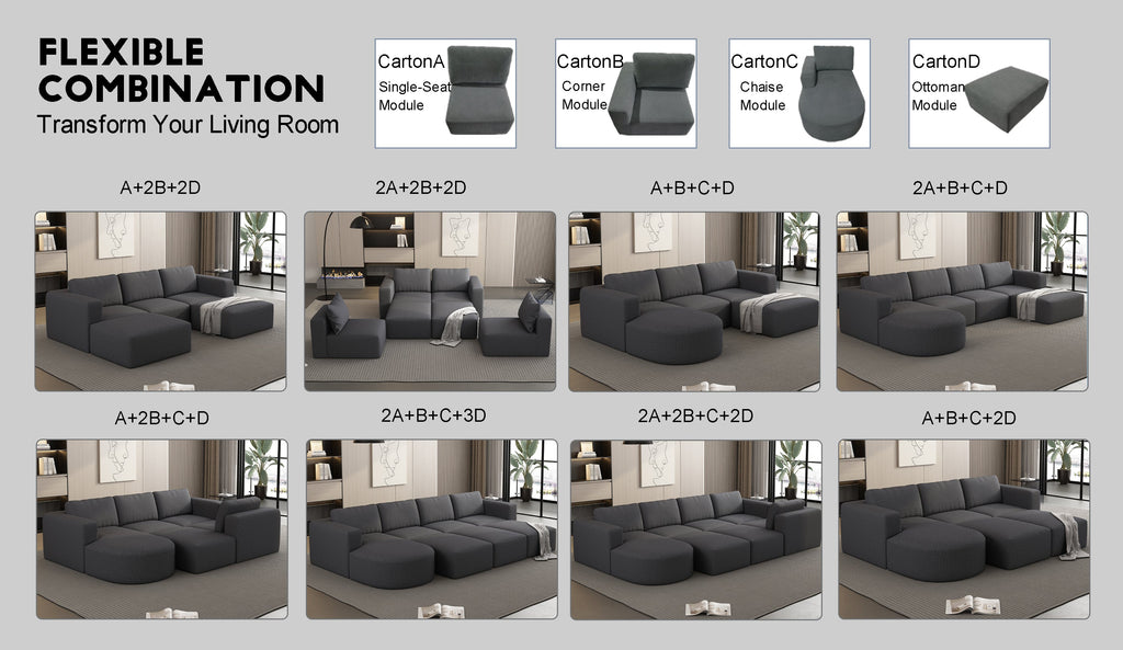 104.32*70.86 Modular Sectional Sofa Sleeper Couch, Sectional Sofa with Chaise and Ottoman, Convertible U Shaped Modular Sofa Set. Compressed sponge, Dark Grey (Combo A+B+C+D)