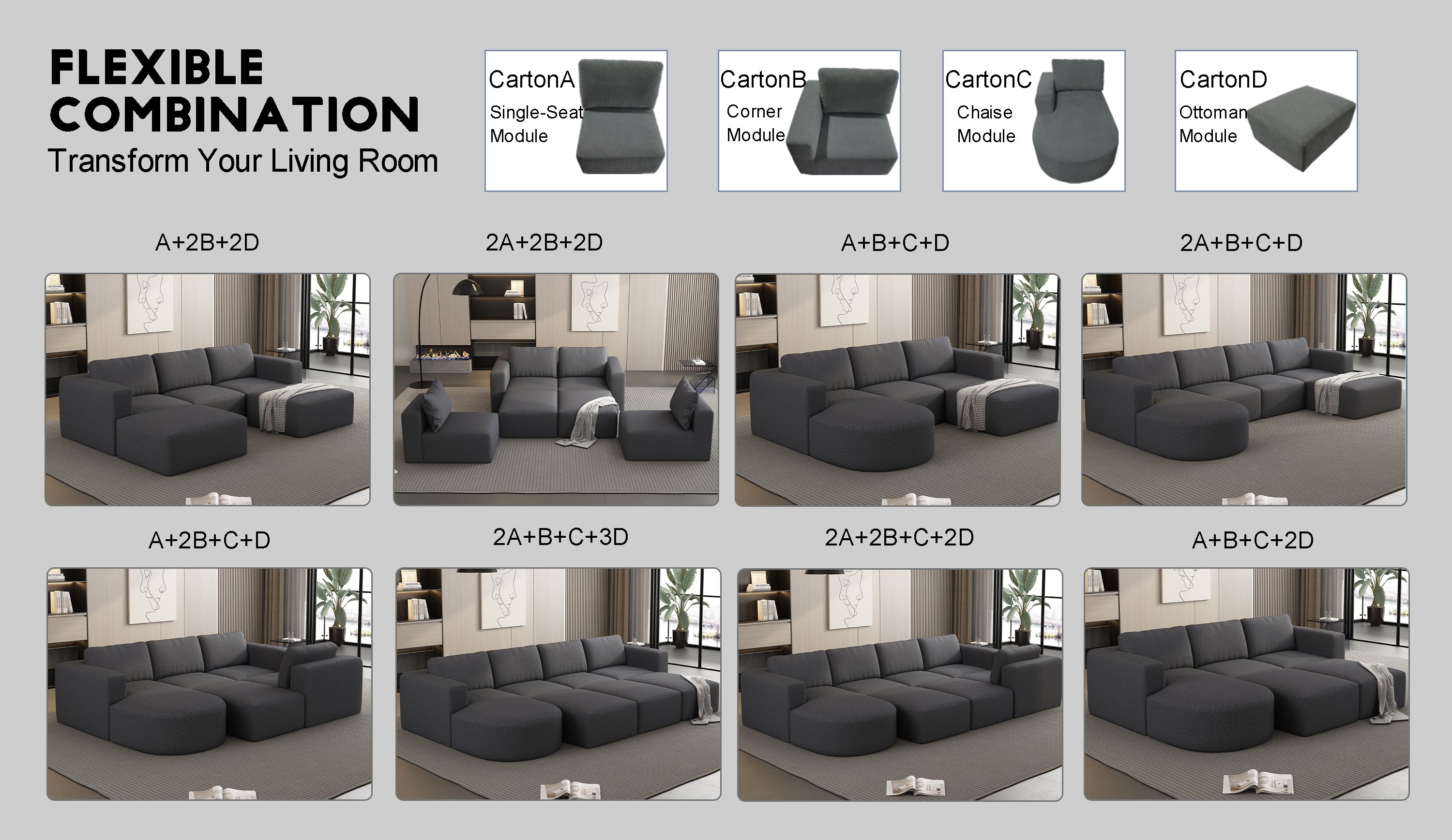 104.32*70.86 Modular Sectional Sofa Sleeper Couch, Sectional Sofa with Chaise and Ottoman, Convertible U Shaped Modular Sofa Set. Compressed sponge, Dark Grey (Combo A+B+C+D)