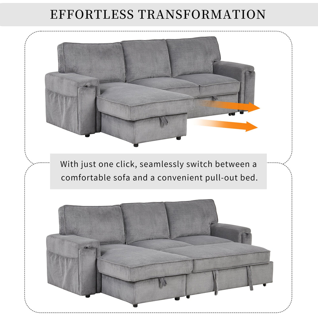 U_STYLE Upholstery Sleeper Sectional Sofa with Storage Bags and 2 cup holders  on Arms