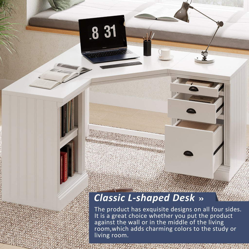 57.68' Modern L Shaped Executive Desk with 2 Storage Cabinets and 3 Drawers,Corner Writing Desk,Office Desk Furniture,Computer Desks with Depth Workstation for Home Office,Living room,White
