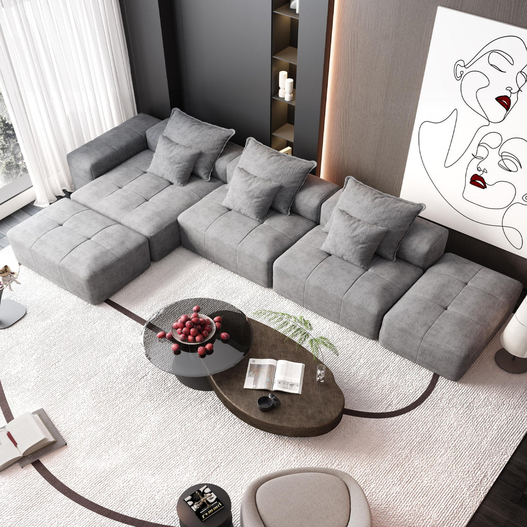 Modern Oversized Modular Sectional Sofa,Sparkling Chenille Fabric Soft Cushion Sofa with 6 Pillows,6 PCS DIY Combination Tufted Sofa,No Assembly Required,GREY