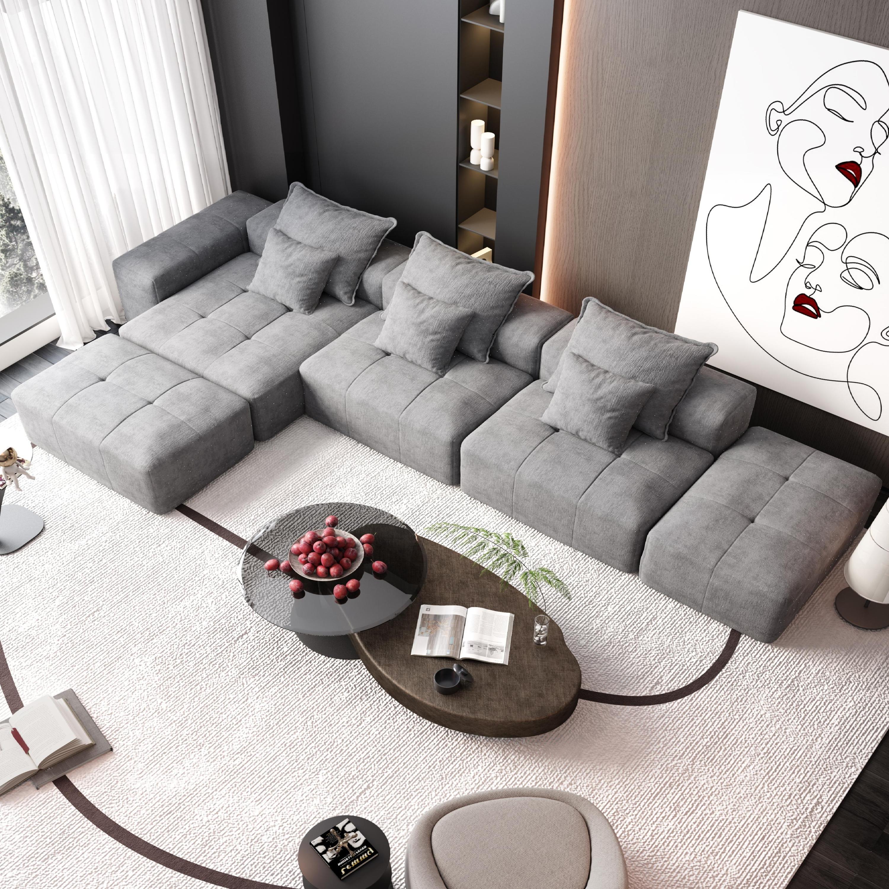 Modern Oversized Modular Sectional Sofa,Sparkling Chenille Fabric Soft Cushion Sofa with 6 Pillows,6 PCS DIY Combination Tufted Sofa,No Assembly Required,GREY