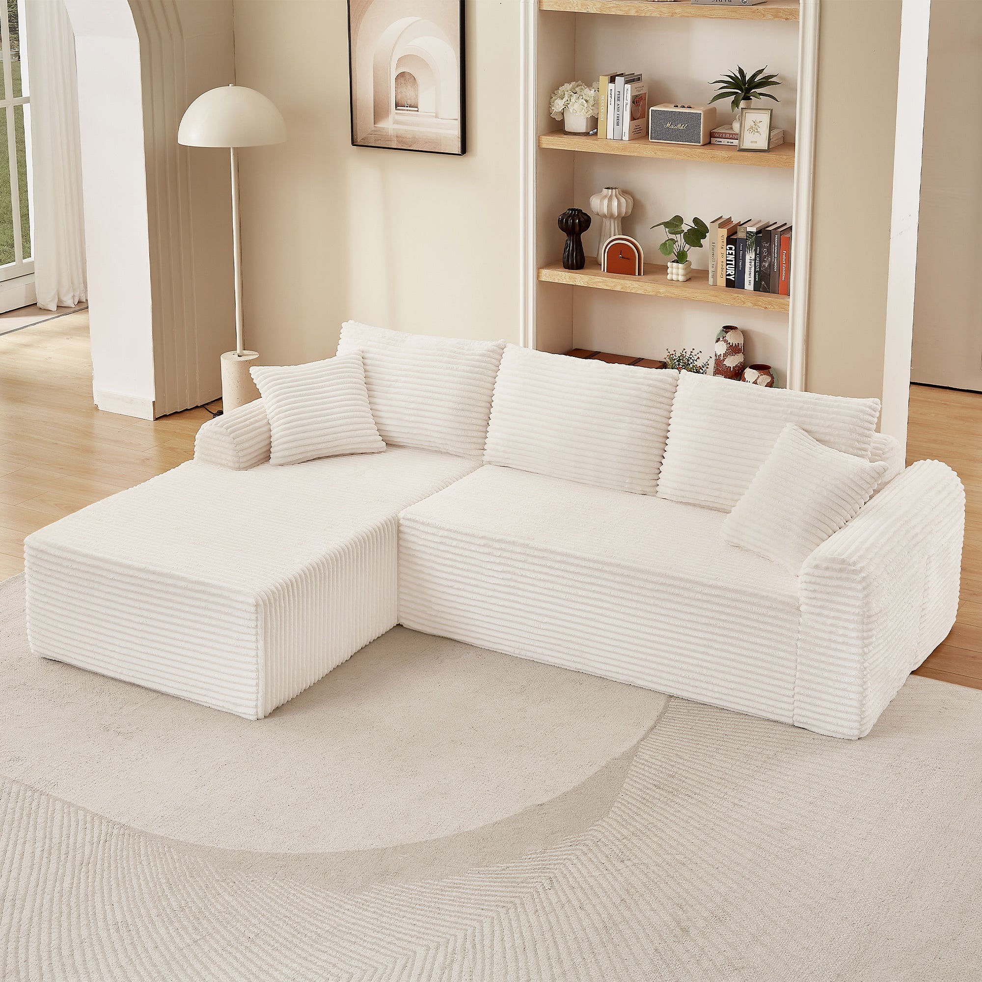 Full-Compression Chaise Lounge Set – Modular Corduroy Sectional with Arched Armrests, Non-Slip Base, Includes 3 Back Cushions & 2 Throw Pillows