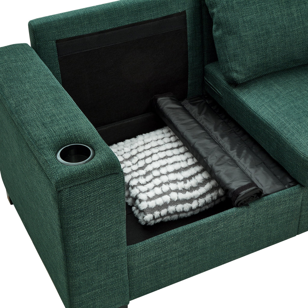 93.7' Modern Style Living Room Sofa Fabric Couch,Square Arm Sofa with Cup Holder,Storage Sofa,Upholstered Polyester Green.