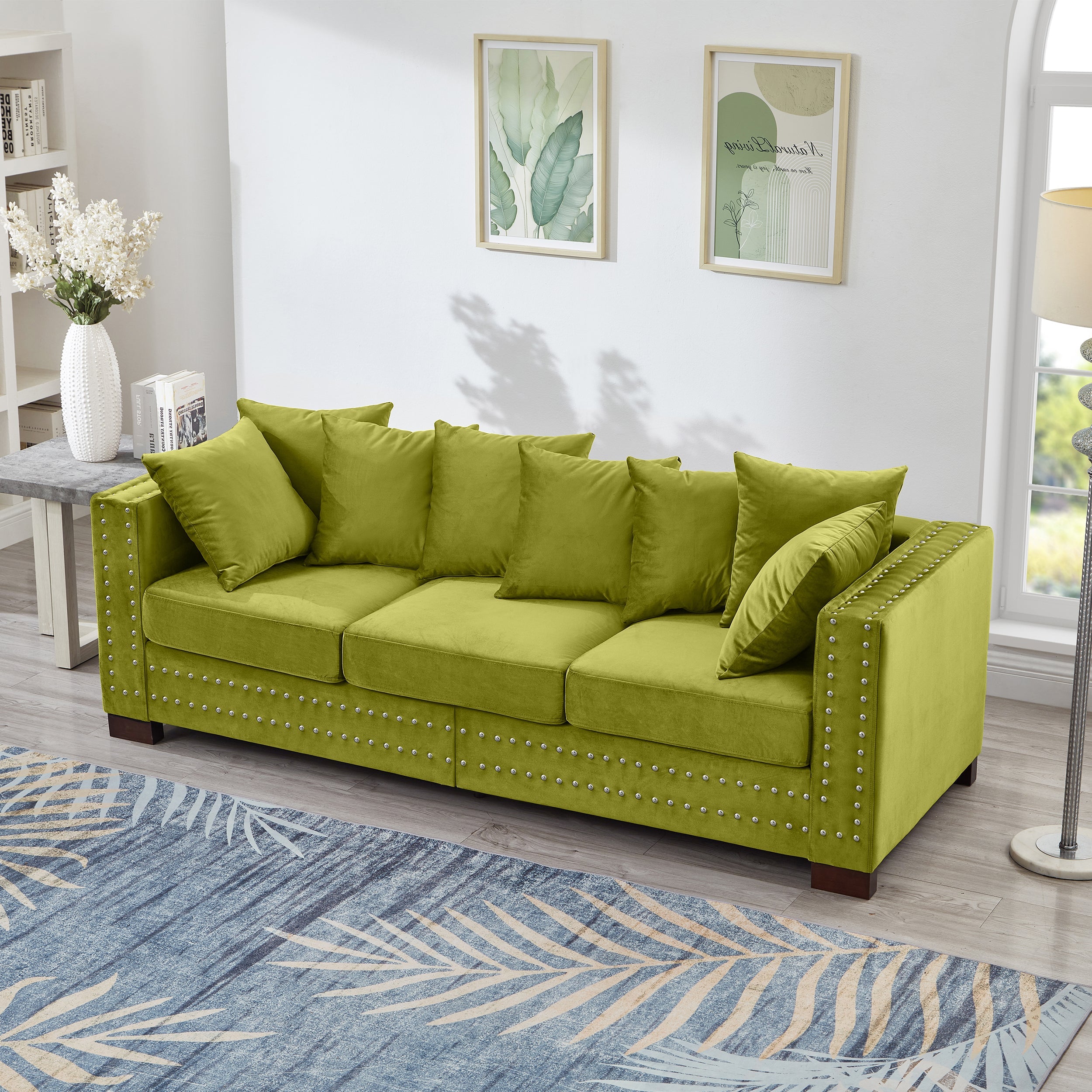 Modern Design Living Room Sofa 2+3 Seater Square armrest with Silver Nails Decoration Upholstered Velvet Couch Green